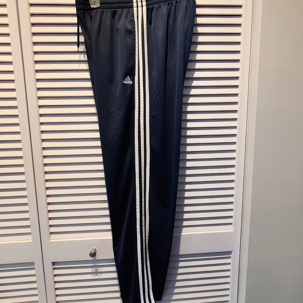 Mens Adidas Workout Pants.  Size L. Color Navy Blue w/ White Stripes.